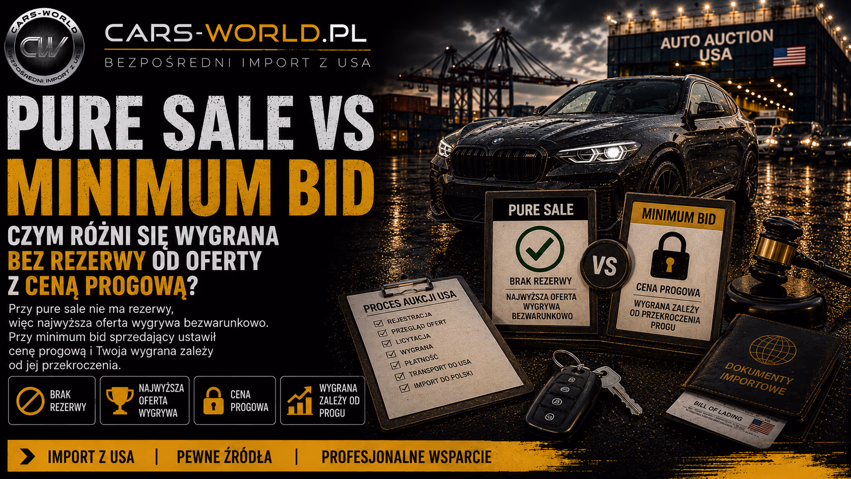 Pure sale a minimum bid – czym różnią się te statusy aukcji przy imporcie auta z USA