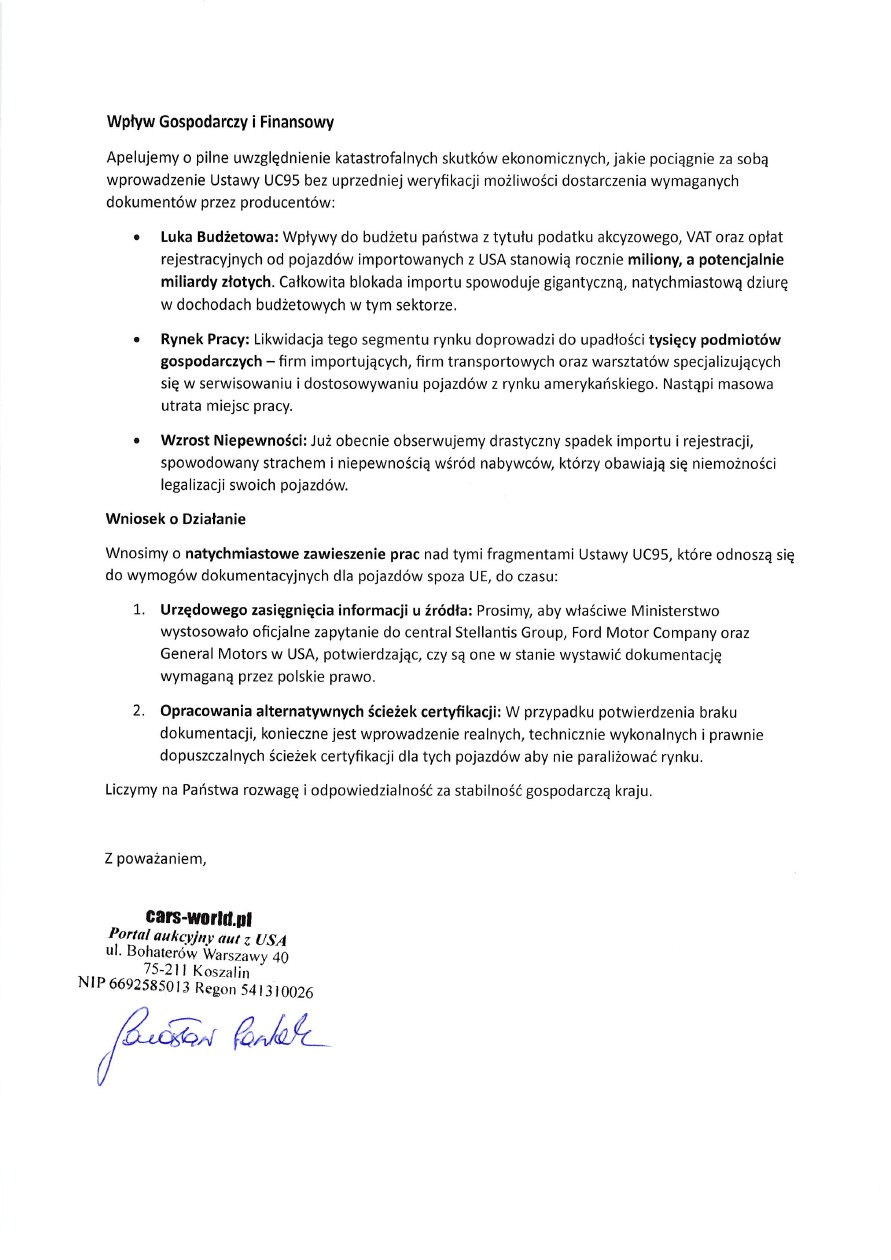 Pismo Cars-World.pl do Ministerstwa Infrastruktury w sprawie UC95 – kolejna strona