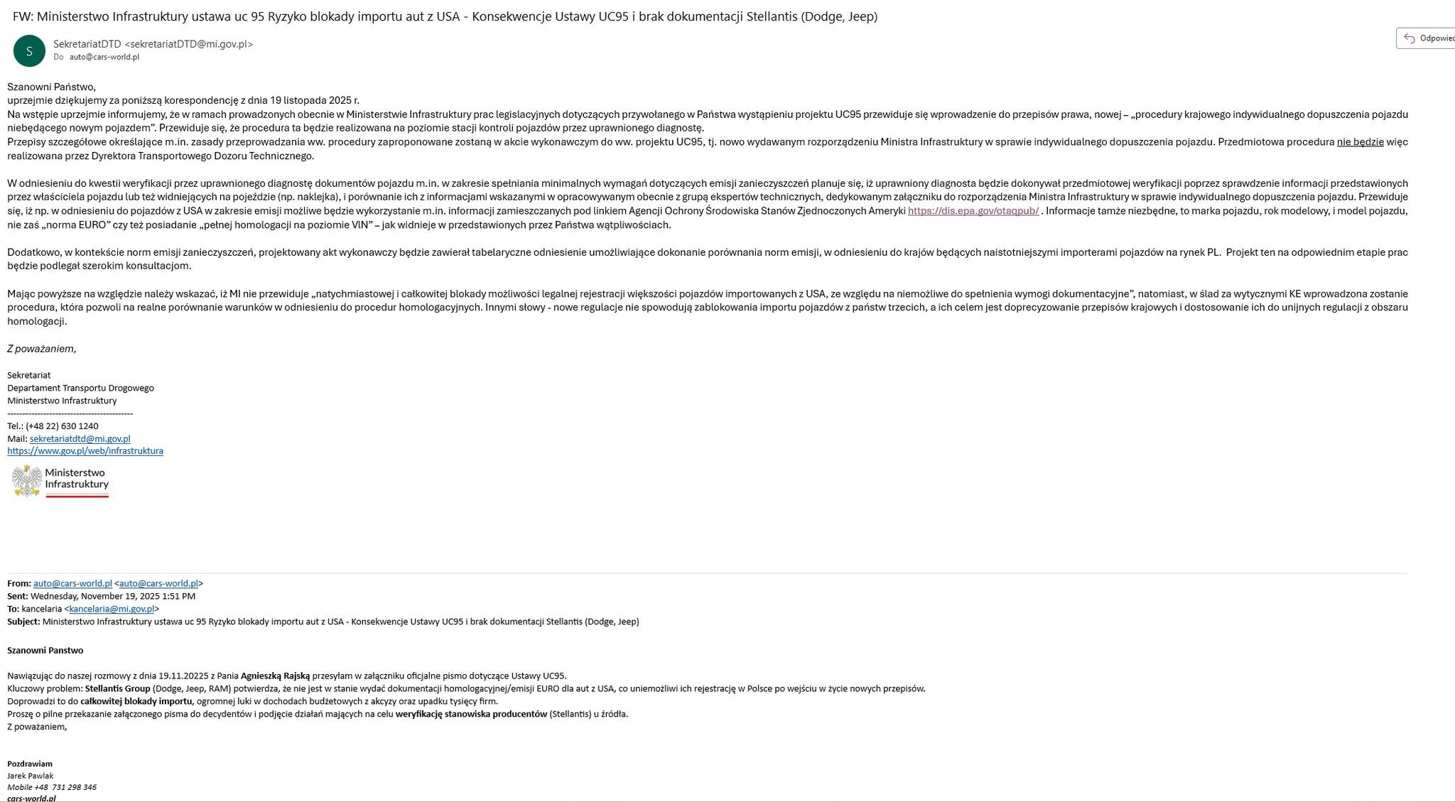 Odpowiedź Ministerstwa Infrastruktury dotycząca UC95